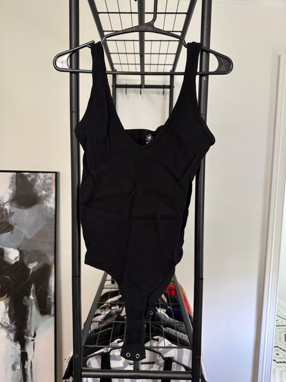 Aura Black Ribbed V-Neck Snap Bodysuit xl/xxl